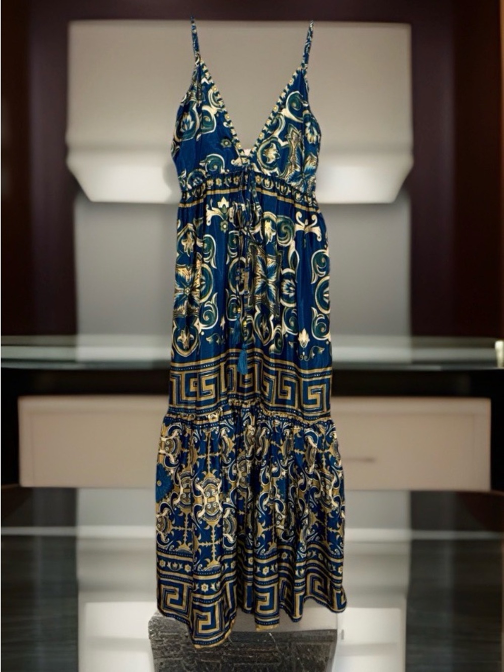 NWT Dress Nado Women’s Teal & Gold Floral-Scroll Maxi Dress w/V-Neck-M